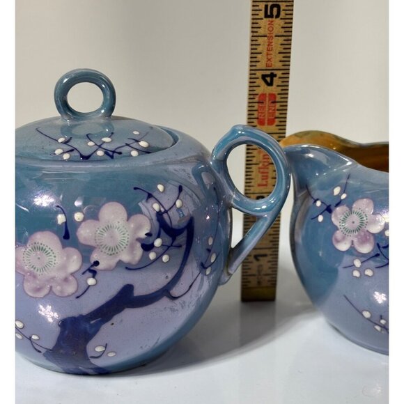 Vtg 30s Blue Ceramic Creamer Sugar Bowl Set Cherry Blossom Lusterware Japan‎ - Picture 9 of 11